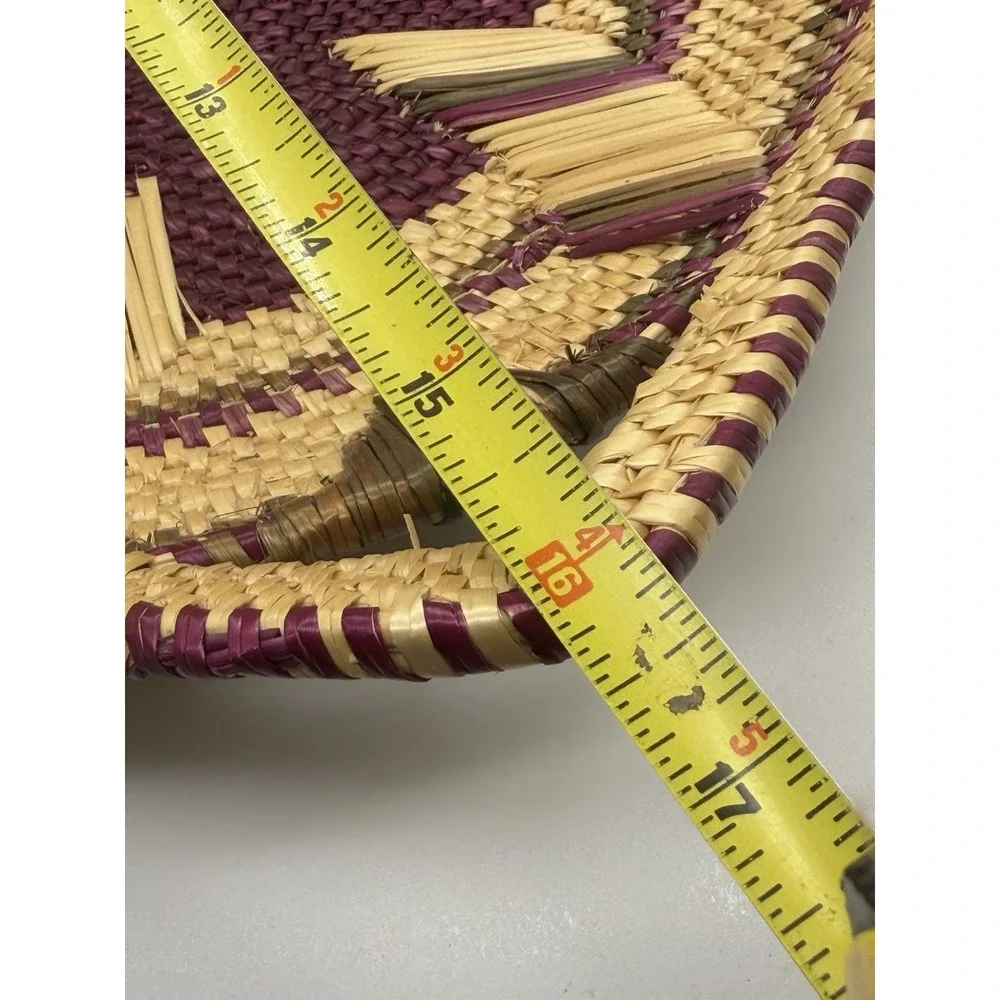 Handwoven African Wicker Basket Bowl Handles Boho Tribal Decor Purple & Green